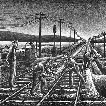 a black and white work showing four men working on a railroad